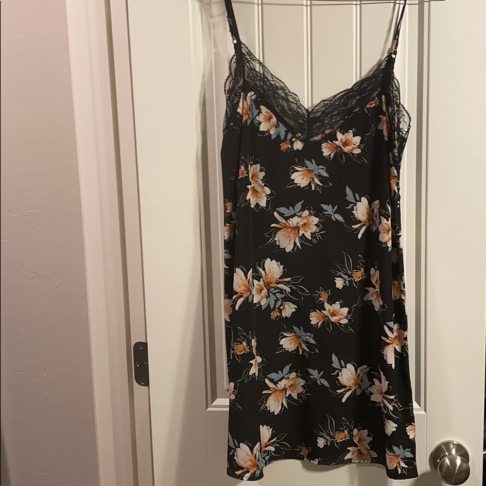 Silk floral slip dress with lace accents